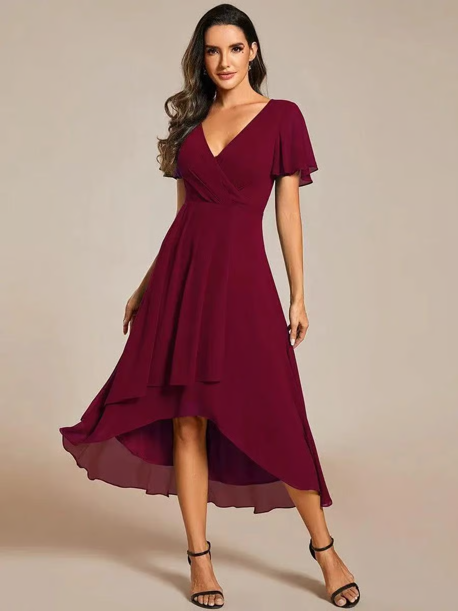 Ruffles Sleeve Pleated V-Neck Midi Dress