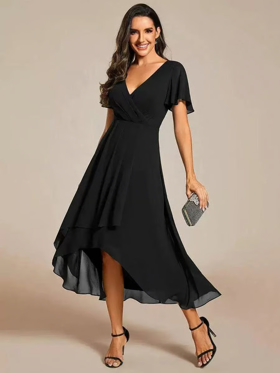 Ruffles Sleeve Pleated V-Neck Midi Dress