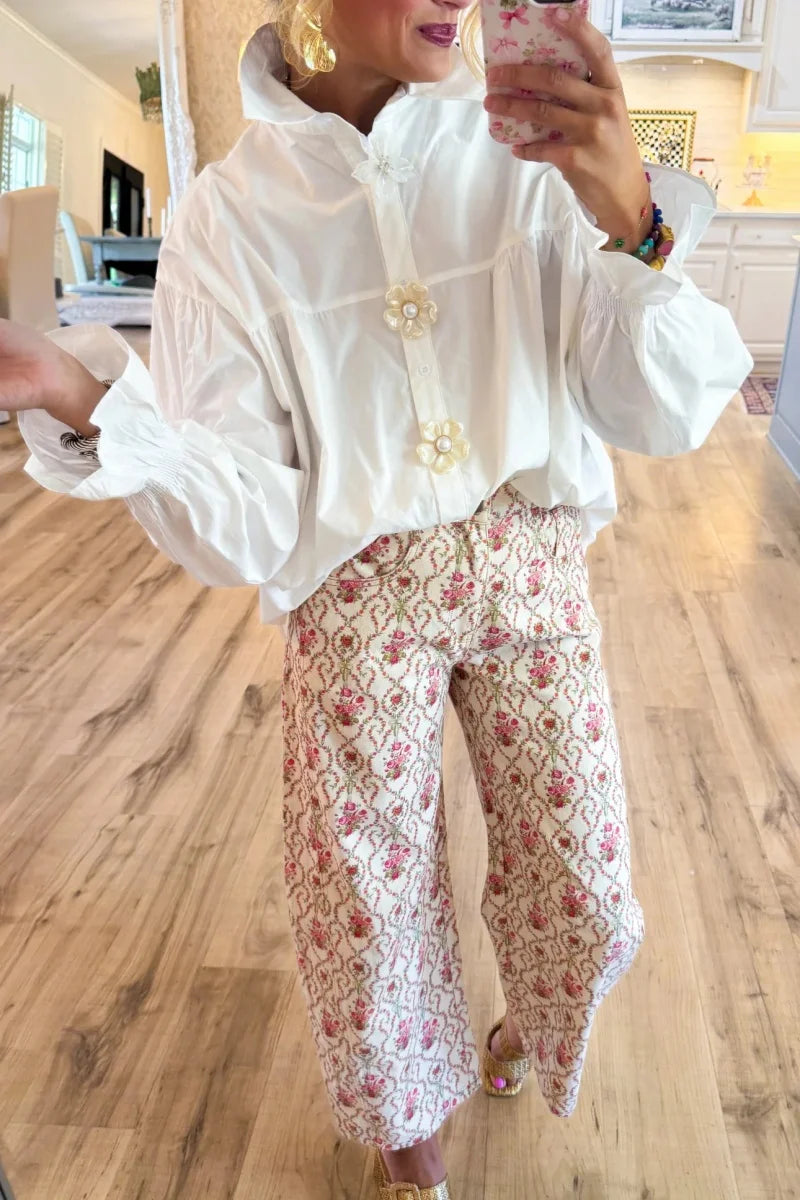 White Pearl Flower Button Down Top+Barrel Pants