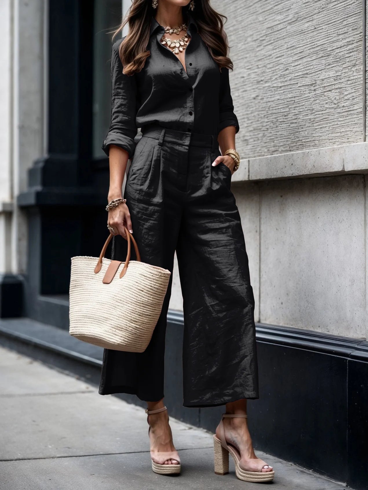 Pink Capri Pants and Loose Shirt Linen Set