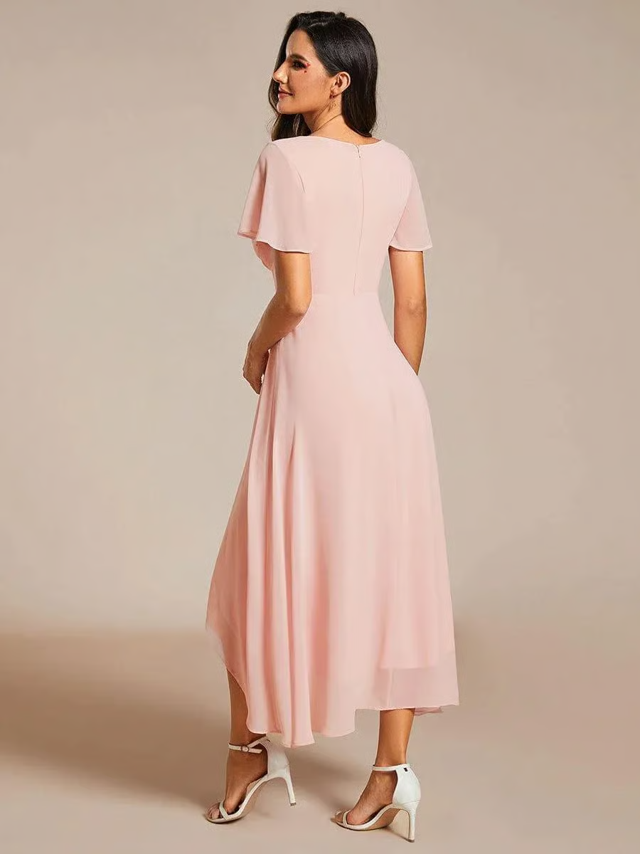 Ruffles Sleeve Pleated V-Neck Midi Dress