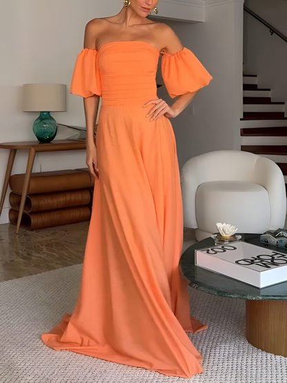 Pleated Tube Top Puff sleeves Maxi Dress