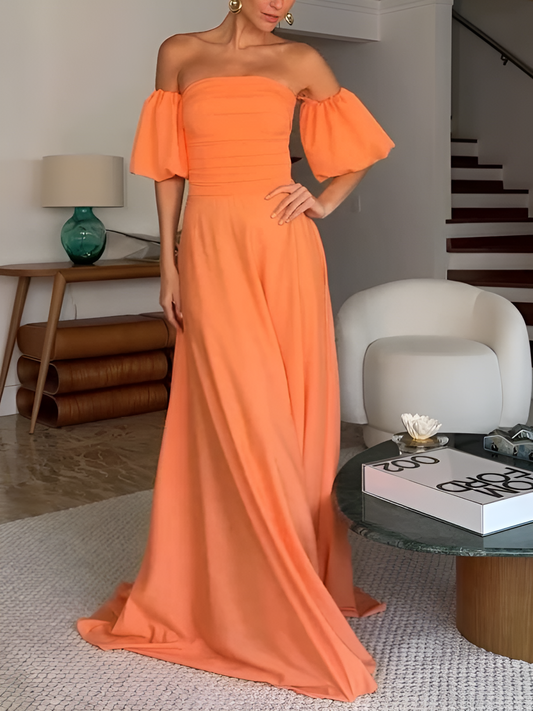 Pleated Tube Top Puff sleeves Maxi Dress