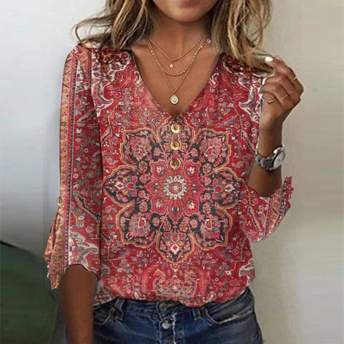 Claudine | V-neck Top with red print