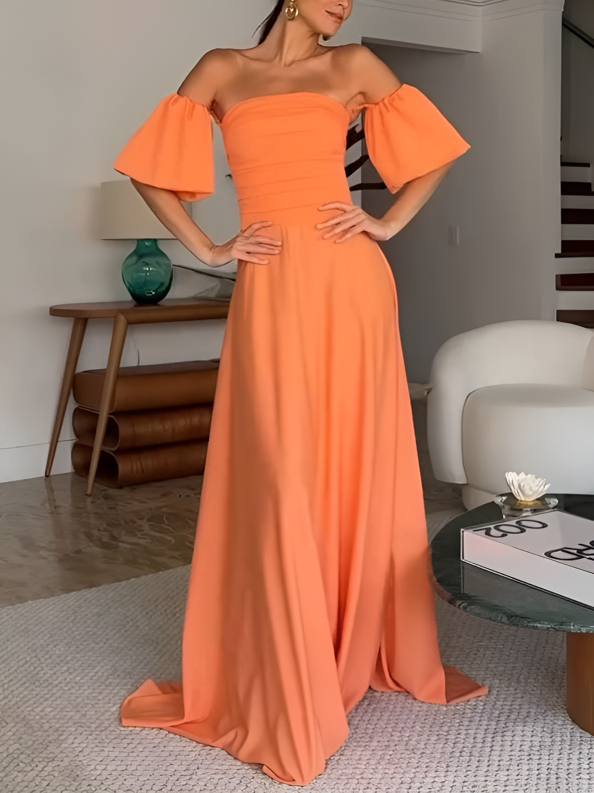Pleated Tube Top Puff sleeves Maxi Dress