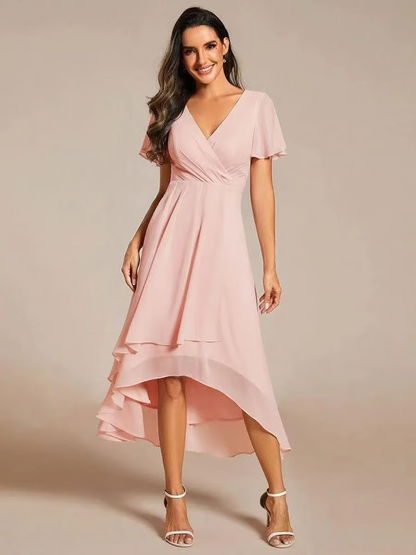 Ruffles Sleeve Pleated V-Neck Midi Dress