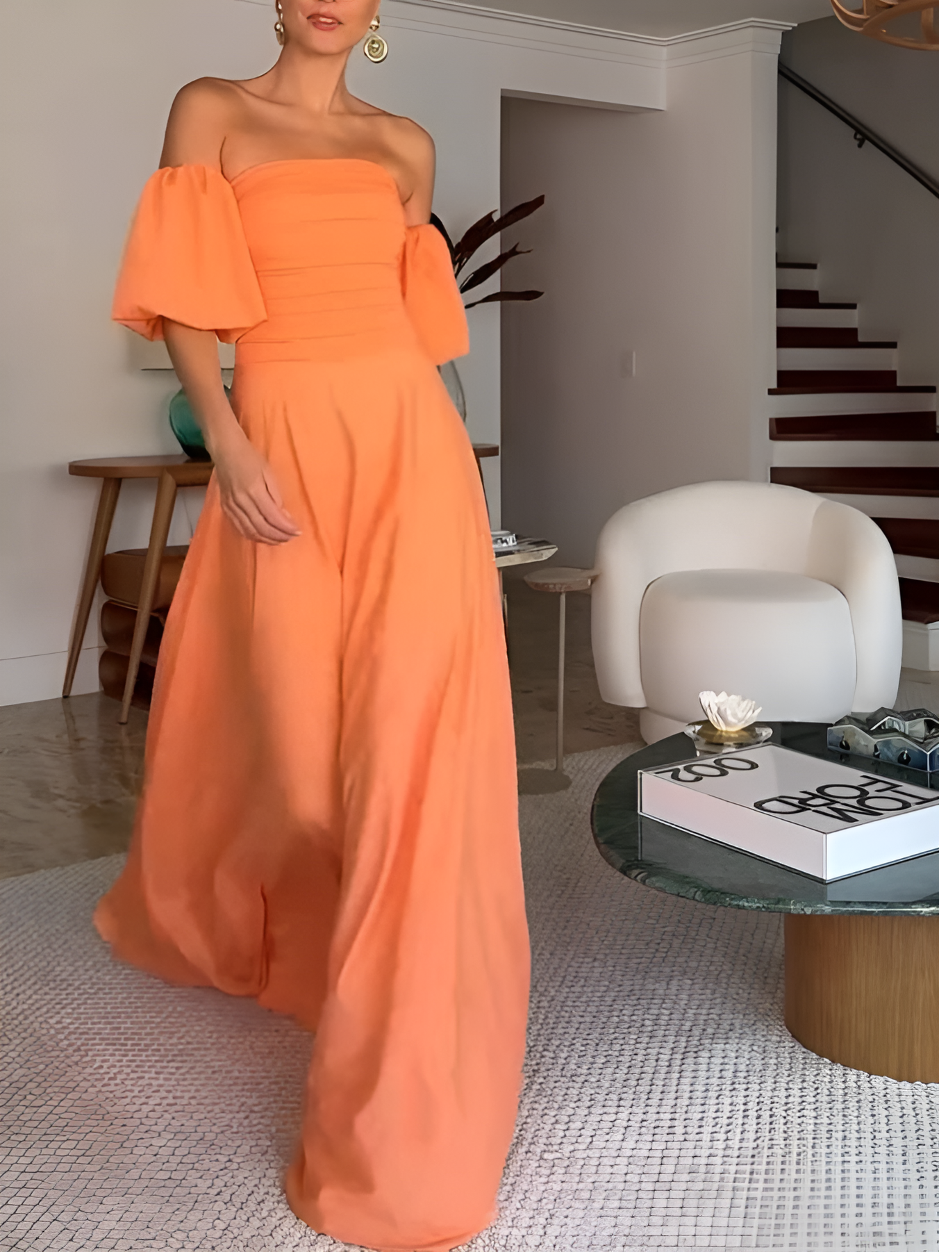 Pleated Tube Top Puff sleeves Maxi Dress