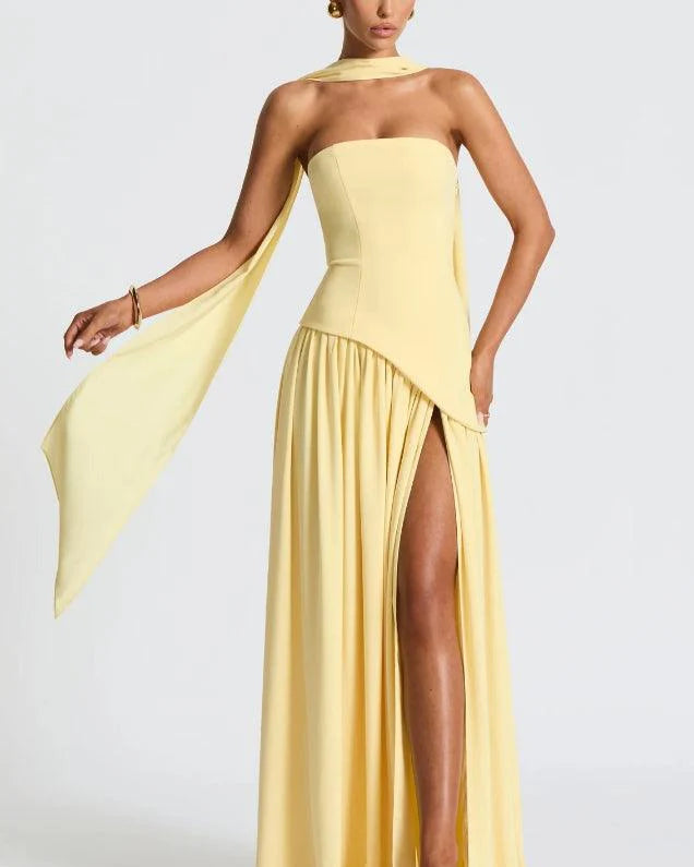 Strapless Slit Ribbon Maxi Dress