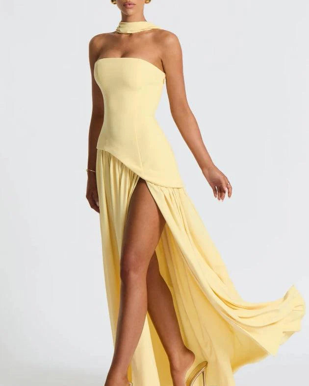 Strapless Slit Ribbon Maxi Dress