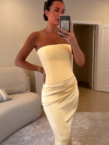 Elegant Strapless Draped Satin Maxi Dress