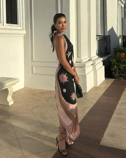 Satin Unique Print Halter Backless Midi Dress