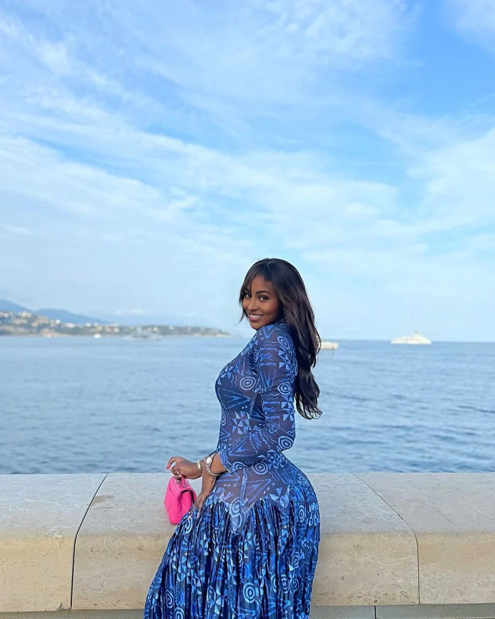 Blue Floral Long Sleeve Maxi Dress