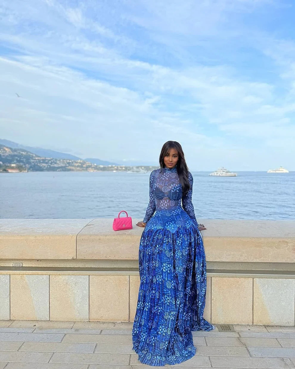 Blue Floral Long Sleeve Maxi Dress