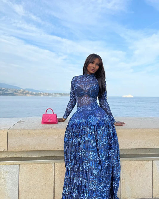 Blue Floral Long Sleeve Maxi Dress