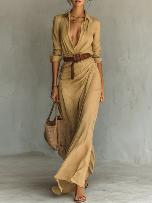 Lapel Long Sleeve Belted Maxi Dress