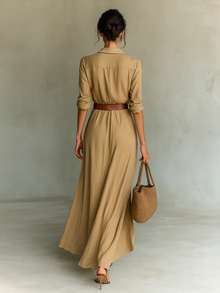 Lapel Long Sleeve Belted Maxi Dress