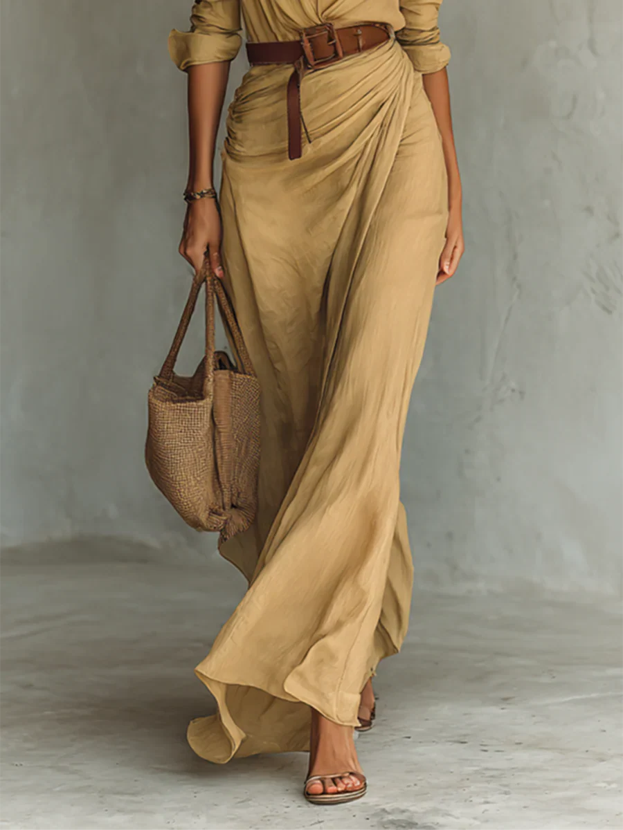 Lapel Long Sleeve Belted Maxi Dress
