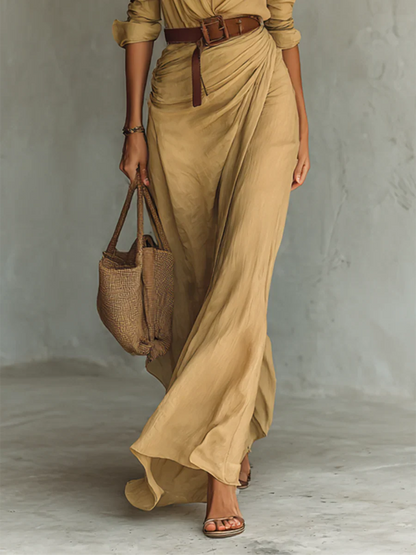 Lapel Long Sleeve Belted Maxi Dress