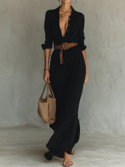 Lapel Long Sleeve Belted Maxi Dress