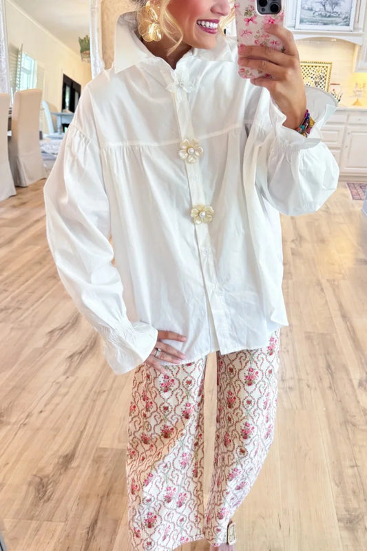 White Pearl Flower Button Down Top+Barrel Pants