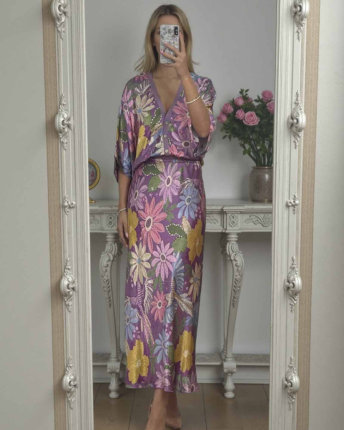 Satin Bloom Off-Shoulder 2-Piece Set