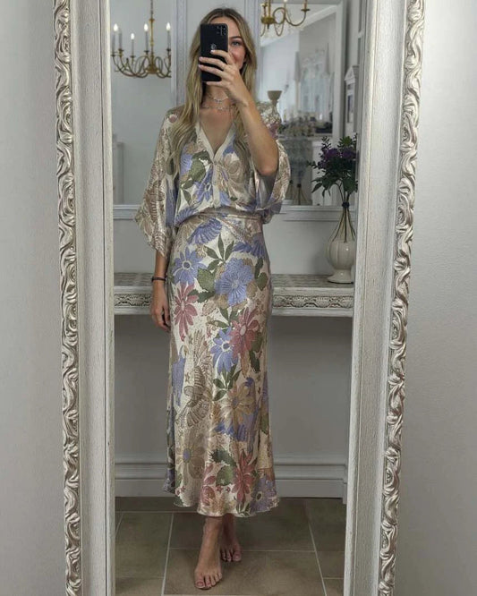 Satin Bloom Off-Shoulder 2-Piece Set