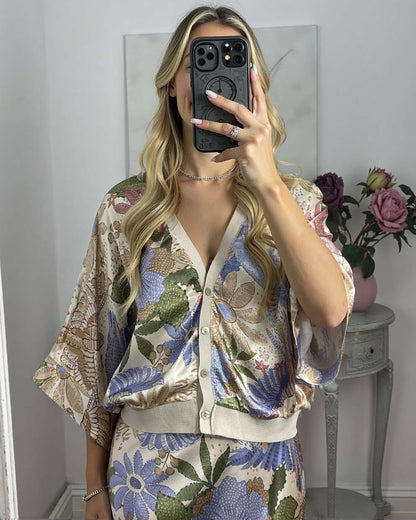 Satin Bloom Off-Shoulder 2-Piece Set