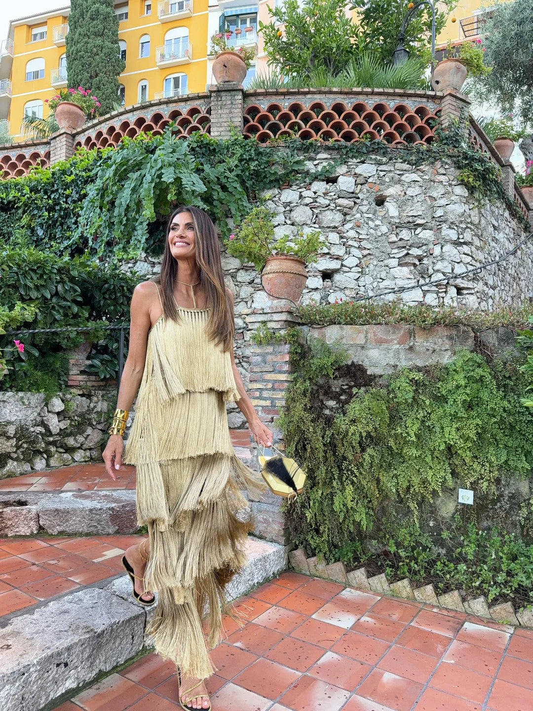 Golden Fringe Textured Maxi Dress