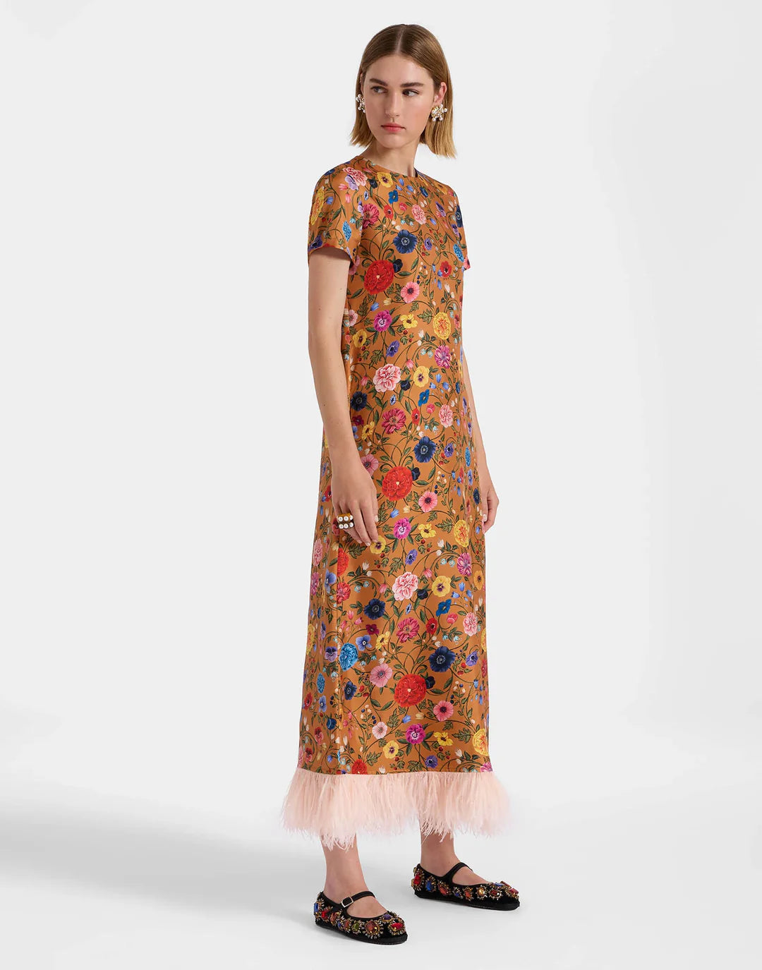 Floral Printed Feather Midi Dress