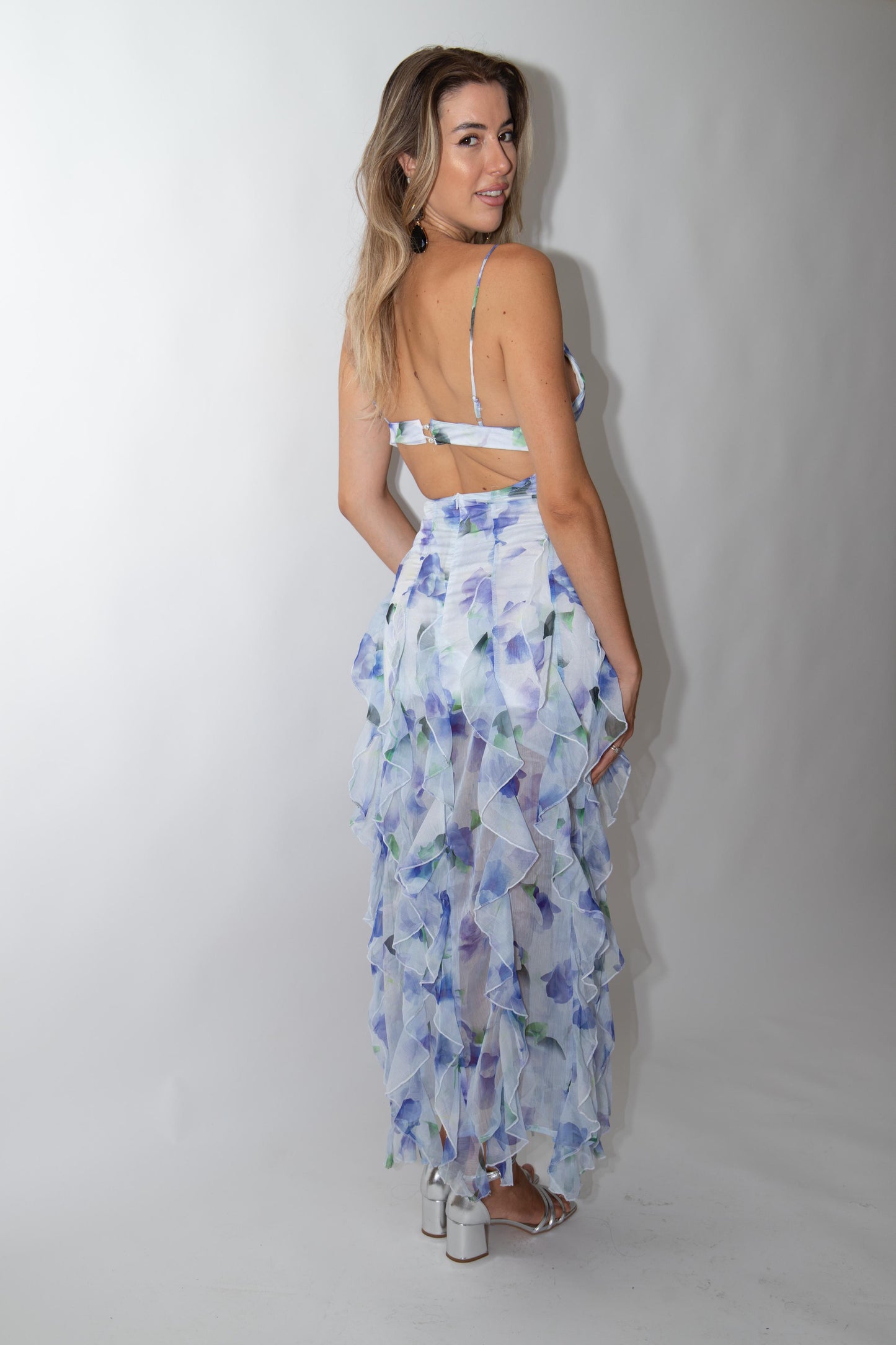 SANTORINI IRIS FLOWER MAXI DRESS