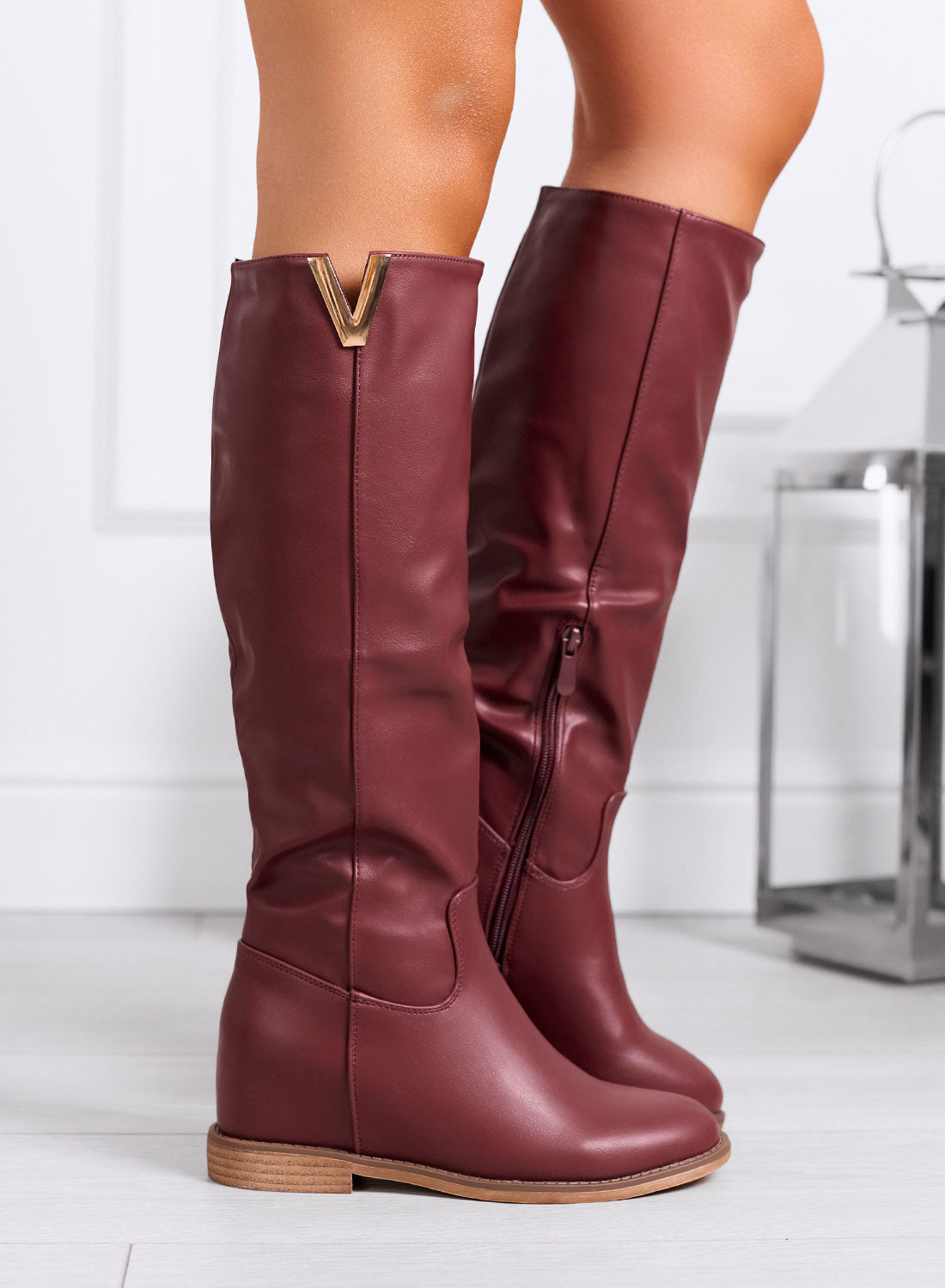 RANDA | Burgundy Faux Leather Wedge Boots