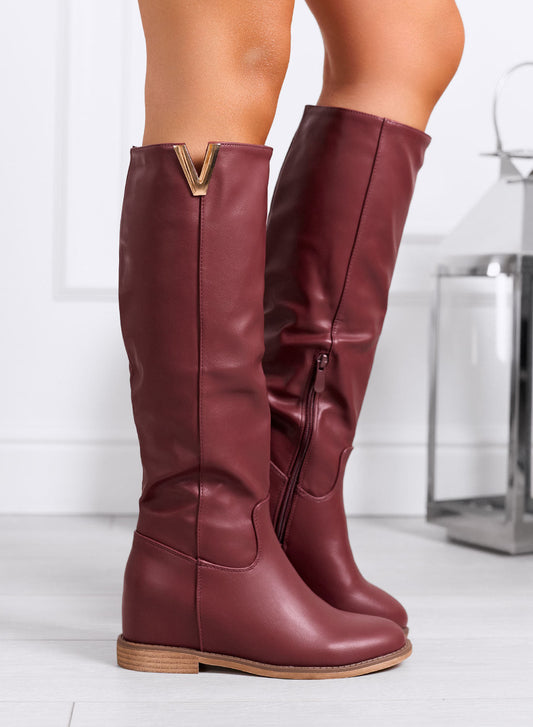 RANDA | Burgundy Faux Leather Wedge Boots