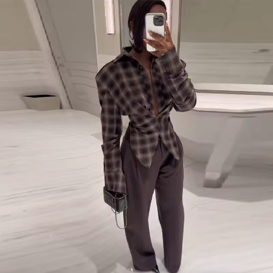 Sculpted Plaid Wrap Shirt