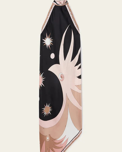 Satin Unique Print Halter Backless Midi Dress
