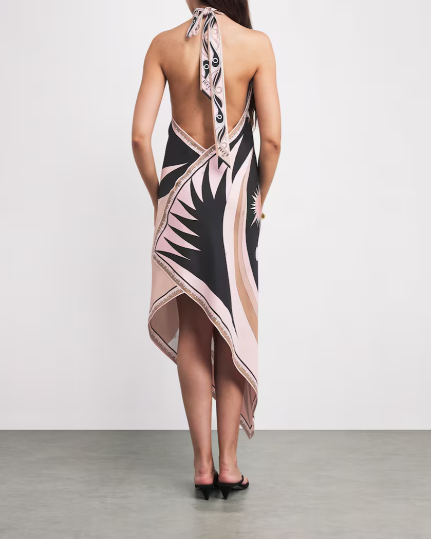 Satin Unique Print Halter Backless Midi Dress