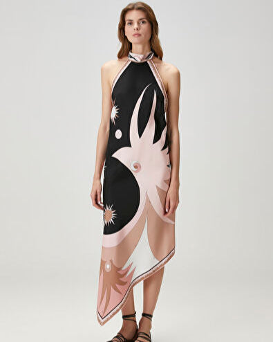 Satin Unique Print Halter Backless Midi Dress