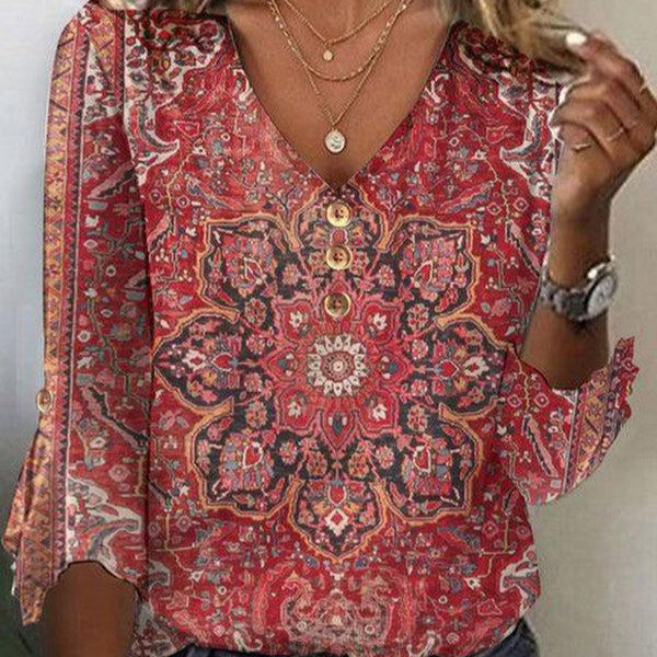 Claudine | V-neck Top with red print