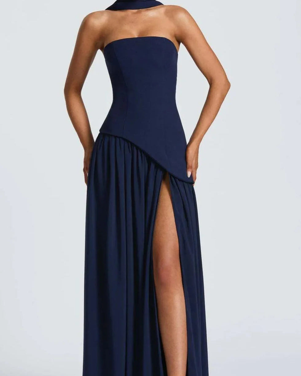Strapless Slit Ribbon Maxi Dress