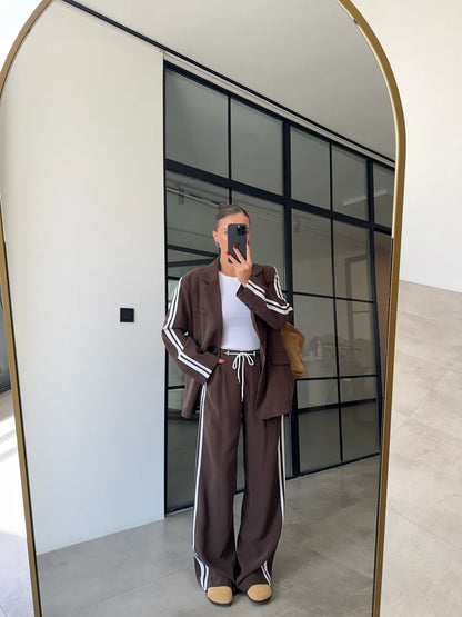 Levvie Stripe-Trim Blazer & Pant Set