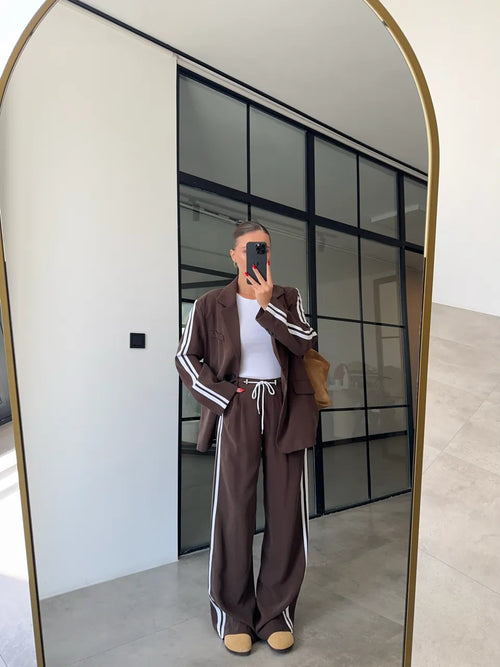 Levvie Stripe-Trim Blazer & Pant Set