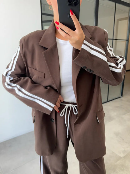 Levvie Stripe-Trim Blazer & Pant Set