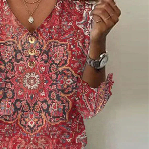 Claudine | V-neck Top with red print