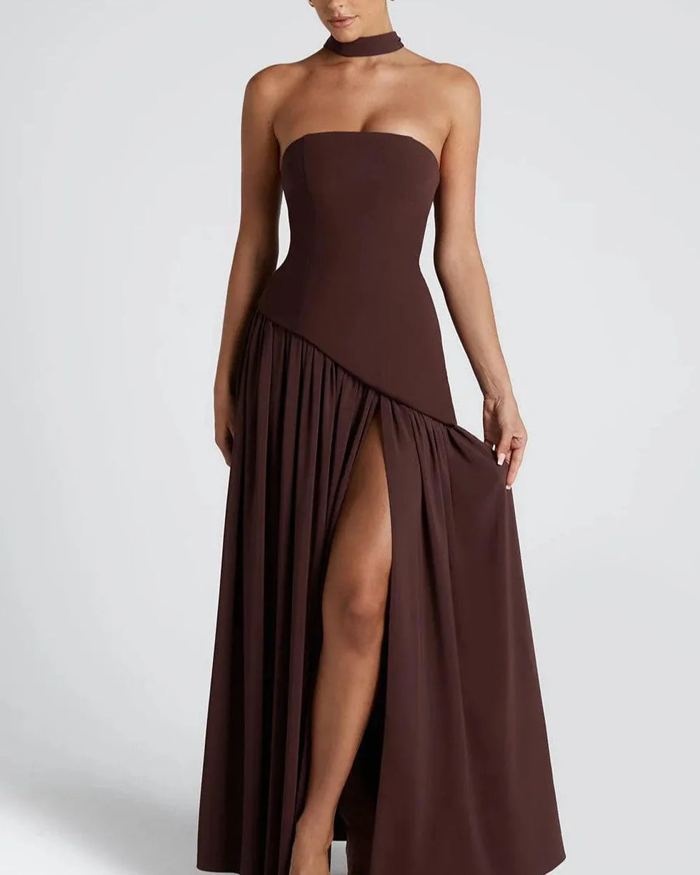 Strapless Slit Ribbon Maxi Dress