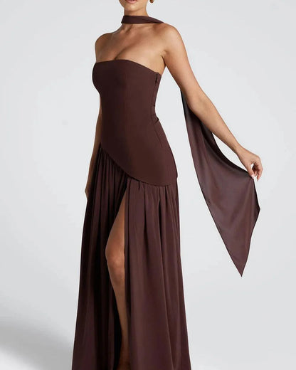 Strapless Slit Ribbon Maxi Dress