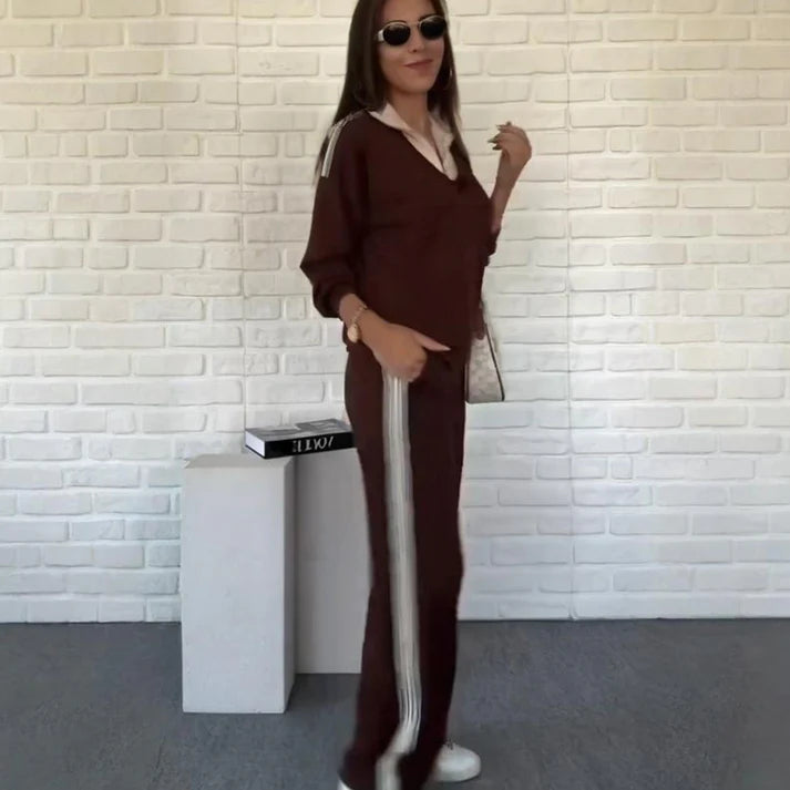 Women's Long Sleeve Lapel Top & Pants Set