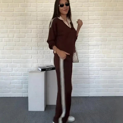 Women's Long Sleeve Lapel Top & Pants Set