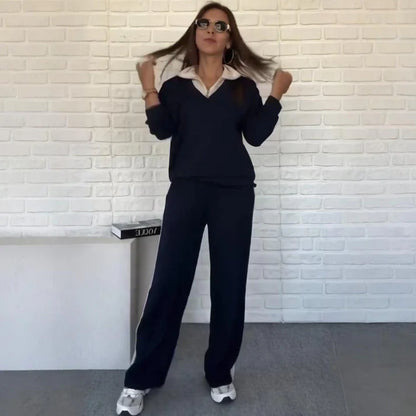 Women's Long Sleeve Lapel Top & Pants Set