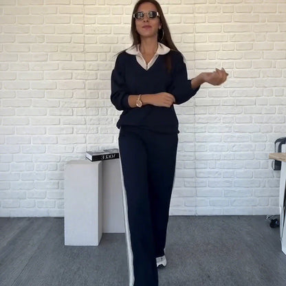 Women's Long Sleeve Lapel Top & Pants Set