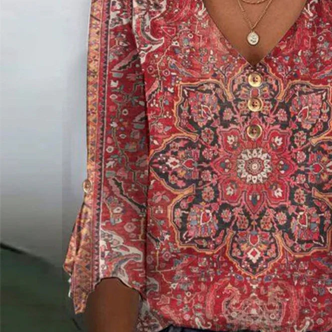 Claudine | V-neck Top with red print